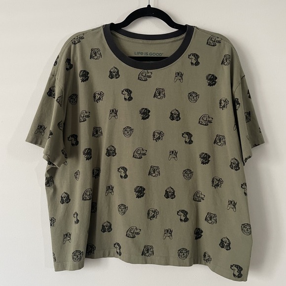 Life Is Good Tops - Life is Good Womens Boxy Crusher Tee Dog Graphic Green XL Novelty All Over Print